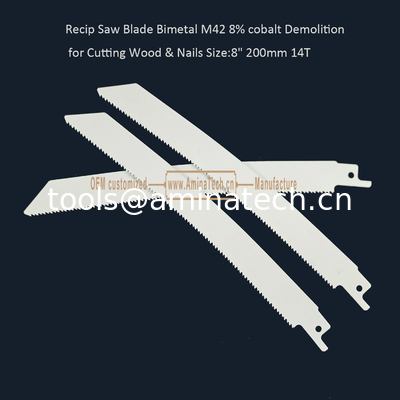 Recip Saw Blade Bimetal M42 8% cobalt Démolition pour couper le bois et les ongles 8 " 200mm 10/14T,Outils électriques fournisseur