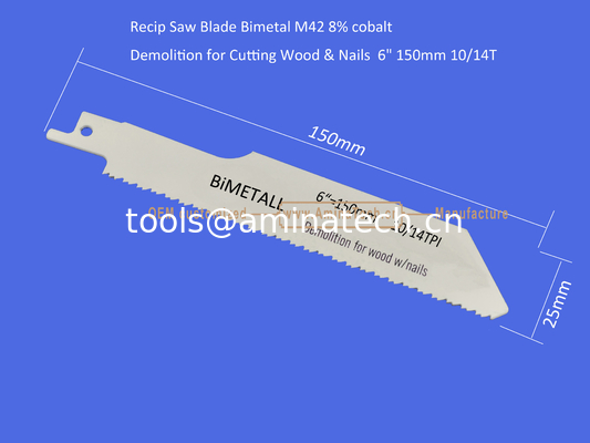 Recip Saw Blade Bimetal M42 8% cobalt Démolition pour couper le bois et les ongles 6 " 150mm 10/14T,Outils électriques fournisseur